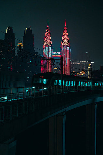 Cities, Architecture, Building, Night City, Backlight, Illumination, Train HD phone wallpaper