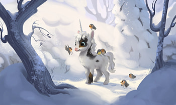 Unicorn, art, fantasy, snow, bird HD wallpaper
