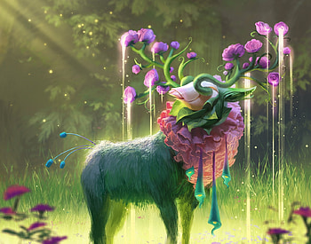 Soothing seedstag, horns, art, spring, pink, fantasy, flower, green, luminos, creature, giselle almeida HD wallpaper