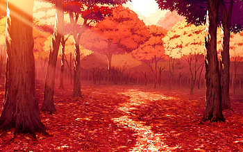 drawing, Artwork, Fall, Leaves, Sunlight, Forest, Red, Anime / and Mobile Backgrounds HD wallpaper