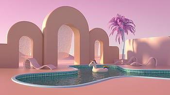 Futuristic and surreal outdoor oasis featuring arched structures and a decorative pool with a colorful float. HD wallpaper