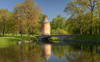 Nature, Trees, Building, Bridge, Construction, Stairs, Ladder, Tower, Pond HD wallpaper