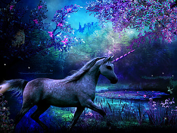 Unicorn, night, blue, purple, fantasy, flower, luminos HD wallpaper