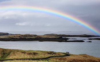 Rainbow Over the Sea, sea, rainbow, sky, road, nature HD wallpaper
