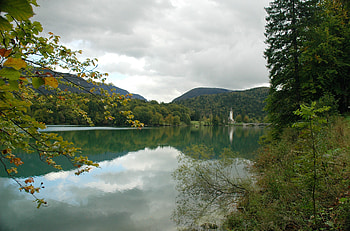 church lake, trees, hills, church, lake HD wallpaper