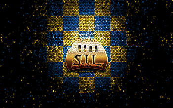 HC Storhamar, glitter logo, Fjordkraft-ligaen, yellow blue checkered background, hockey, Eliteserien, norwegian hockey team, Storhamar logo, mosaic art, Manglerud, Norway, Storhamar Ishockey HD wallpaper