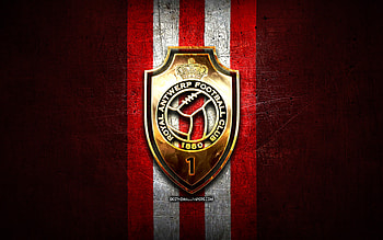 Royal Antwerp FC, golden logo, Jupiler Pro League, red metal background, football, belgian football club, Royal Antwerp logo, soccer, Antwerp HD wallpaper