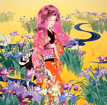 Iris garden, kimono, asian, art, yellow, flower, geisha, syoubu, haruyo morita, pink HD wallpaper