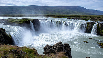 Godafoss, Iceland, hills, rocks, river, clouds, landscape, sky HD wallpaper