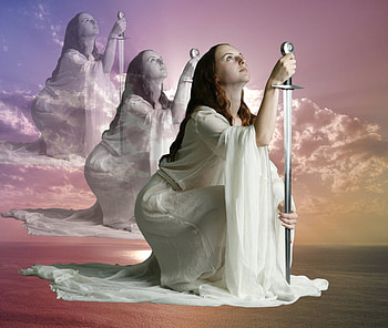 The silver sword, white, sword, beautiful, woman, lady, 3d, fantasy, abstract, silver, clouds, sky HD wallpaper