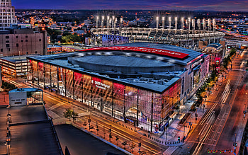 Rocket Mortgage FieldHouse, , evening, sunset, Cleveland, Ohio, Cleveland Cavaliers stadium, NBA, Cleveland Monsters, Cleveland State Vikings, USA, basketball arena HD wallpaper