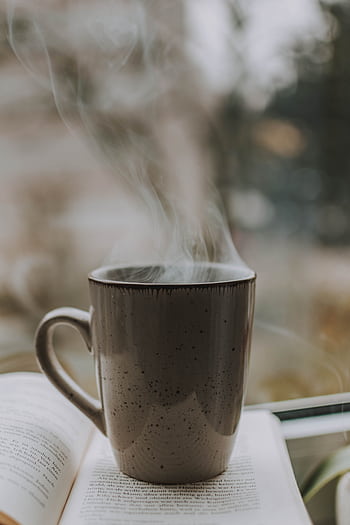 A cozy scene with a steaming coffee mug resting on an open book by the window, perfect for relaxation. HD phone wallpaper