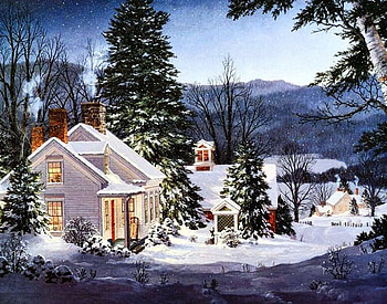 Winter Village, artwork, painting, snow, house, trees HD wallpaper