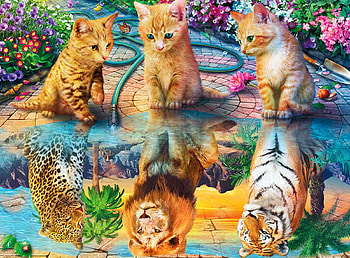 Kitten Dreams, digital, leopard, art, tiger, flowers, water, lion, reflections HD wallpaper
