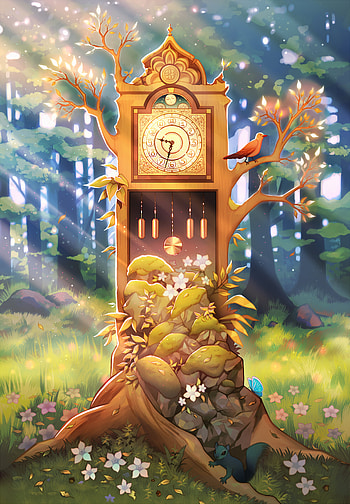 Art, Clock, Shine, Light, Wood, Forest, Tree HD phone wallpaper