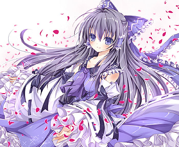 hakurei reimu, japanese clothes, frills, long hair, alternate color, petals, miko, bow, blue eyes, smile, girl, black hair, kawaii, anime, touhou, blush, hair bow, solo HD wallpaper