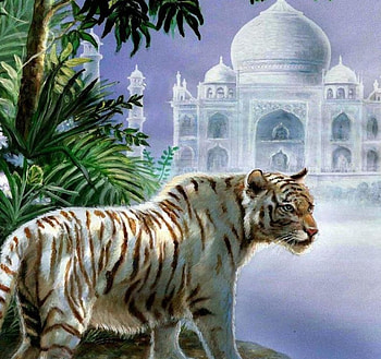 White Bengal Tiger, artwork, painting, palace, flowers, predator, tree HD wallpaper
