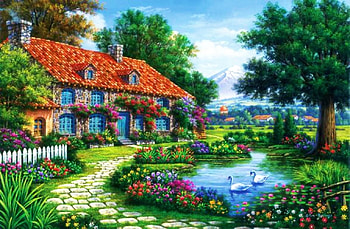 Rustic Cottage with Swans, path, house, landscape, artwork, painting, fence, trees, flowers, pond HD wallpaper