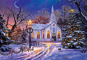 The Old Christmas Church, winter, digital, art, snow, trees, road, evening, sunset HD wallpaper