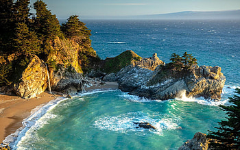 McWay Cove in Big Sur, California, california, pacific, waterfall, rocks, ocean, usa HD wallpaper