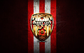 Derry City FC, golden logo, League of Ireland Premier Division, red metal background, football, irish football club, Derry City FC logo, soccer, FC Derry City HD wallpaper