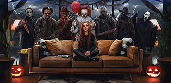 Halloween 2020, halloween, fantasy, clown, sofa, girl, evgenij kungur, balloon, dark, zombie HD wallpaper
