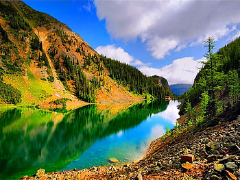 Mountain slopes, river, colorful, creek, slopes, mountain, summer, reflection, clouds, nature, sky, mountainscape, water HD wallpaper