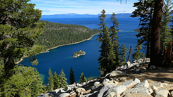Lake Tahoe, Emerald Bay, california, rocks, stones, californiausa, trees, sky HD wallpaper