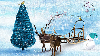 Waiting for Christmas, winter, firefox persona, cold sky, snowman, sleigh, reindeer, blue christmas tree, snow, deer HD wallpaper