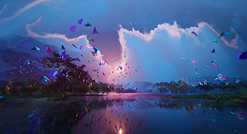 Lake, butterfly, night out, artwork HD wallpaper