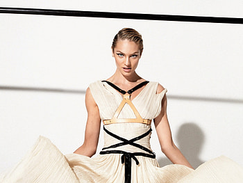 Candice Swanepoel, white, black, model, blue eyes, blonde, girl, dress, beauty, woman, victoria s secret HD wallpaper