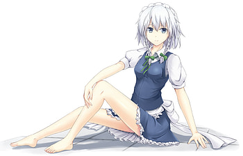 izayoi Sakuya, blue eyes, white hair, touhou, cute, dress HD wallpaper