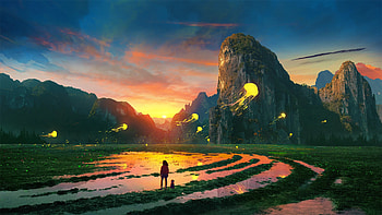 landscape, fantasy, child, dog, mountain, fantasy landscape HD wallpaper