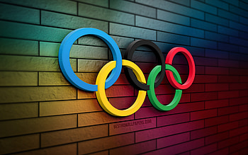 3D Olympic rings, , colorful brickwall, creative, sports emblems, Olympic rings, 3D art, Colorful Olympic rings HD wallpaper