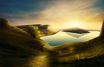 Mountains, lake, hills, landscape, sunset HD wallpaper