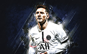 Lionel Messi, PSG, football star, Lionel Messi portrait, Paris Saint-Germain, blue stone background, football HD wallpaper