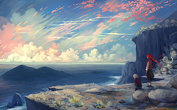 Art, Mountains, Sea, Couple, Pair, Break, Precipice HD wallpaper