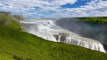 Gullfoss, Iceland, river, clouds, landscape, cascades, sky HD wallpaper