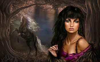 Girl and Horse, horse, art, girl, beautiful, woman, digital, fantasy, pretty, forest HD wallpaper