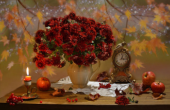 Still life, Candle, Pitcher, Watch, Chrysanthemum, Apples HD wallpaper