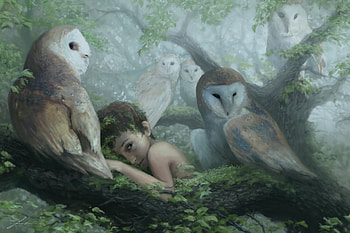 Fairy and owls, pasari, owl, nest, art, bird, jeszika le vye, cute, mini, fairy, fantasy, bufnita, aerie HD wallpaper