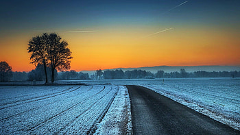 Winter Road, morning, snow, sunrise, colors, trees, sky HD wallpaper