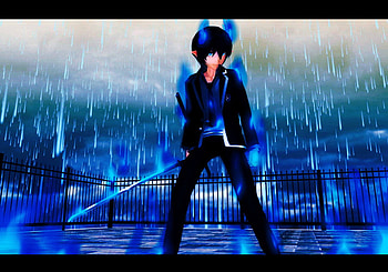 core_pride, blue, pride, sword, rain, hero, anime, man HD wallpaper
