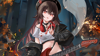Red Eyes Hu Tao With Guitar Genshin Impact HD wallpaper