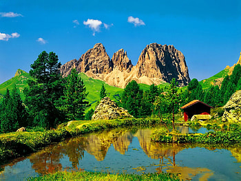 Peaceful mountain place, place, peaks, peaceful, nice, shore, reflection, greenery, calm, pond, hills, house, beautiful, grass, rocks, lake, mountain, cabin, summer, pretty, green, hut, clouds, nature, sky, cottage, lovely, stream HD wallpaper