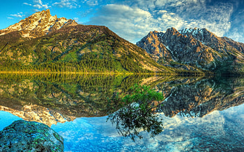 Nature, Sky, Mountains, Clouds, Bush, Lake, Reflection, Brightly, Mirror HD wallpaper