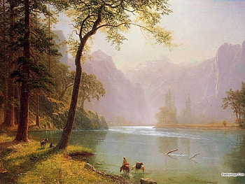 Nature painting, river, art, painting, mountain HD wallpaper