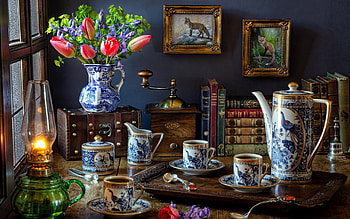 Tulip Still Life, books, cups, still life, lamp, tulips HD wallpaper