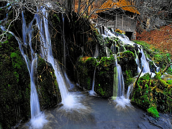 Cabin, waterfall, hidden, woods HD wallpaper