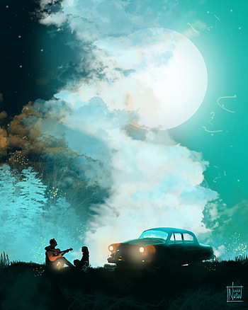 Art, Night, Moon, Silhouettes, Car, Guitar HD phone wallpaper